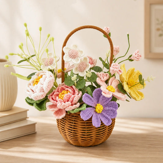 Round woven basket filled with handmade crochet flowers