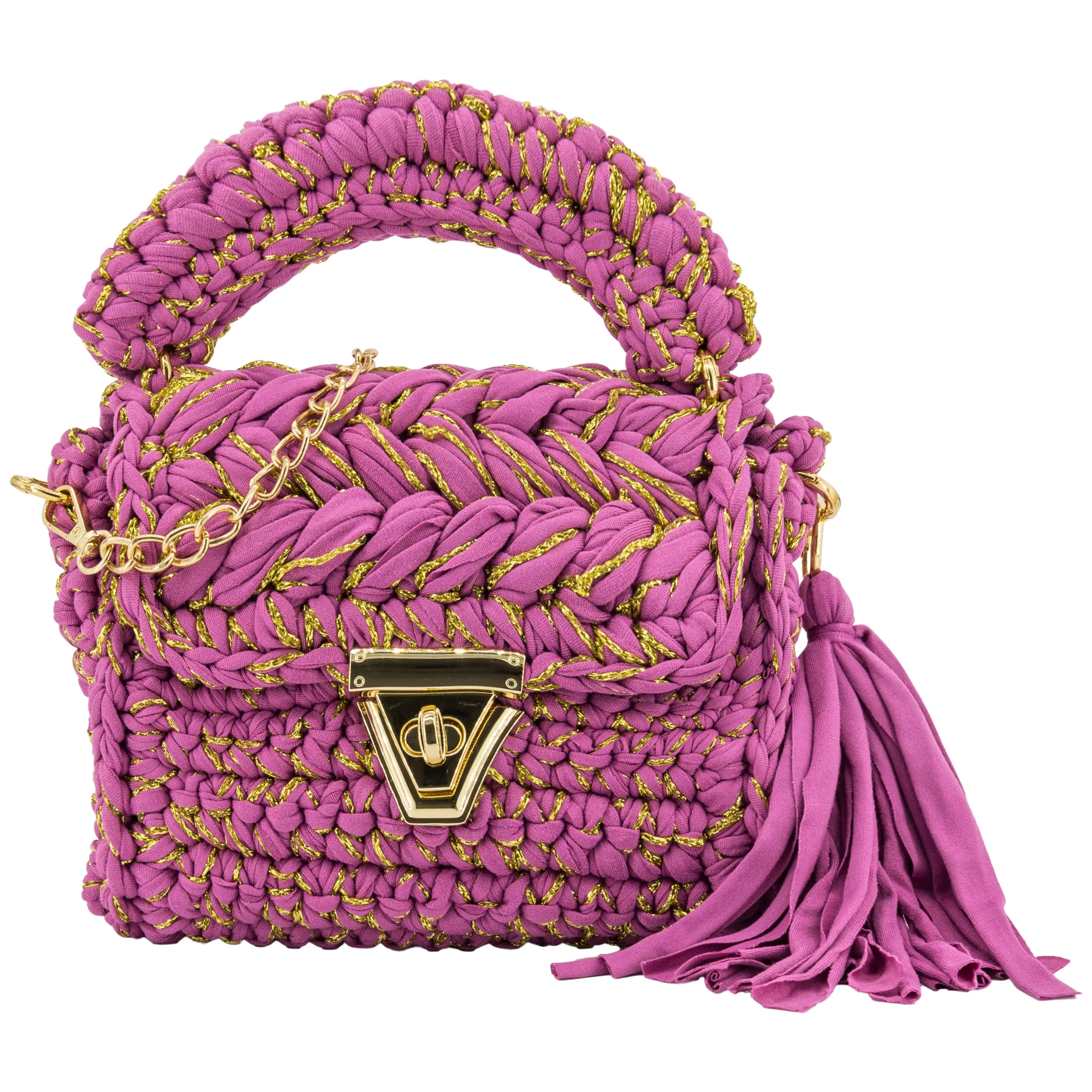 YSHomy Handmade Crochet Crossbody Handbag with Golden Thread