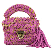 Rose red crochet crossbody bag with golden thread and chain strap