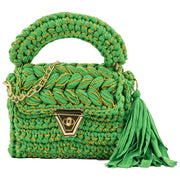 Green crochet crossbody bag worked with golden thread and chain strap