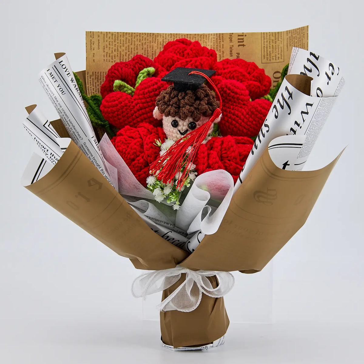YSHomy Red Crochet Flowers Bouquet with Newspaper Wrapping for Boy Graduation