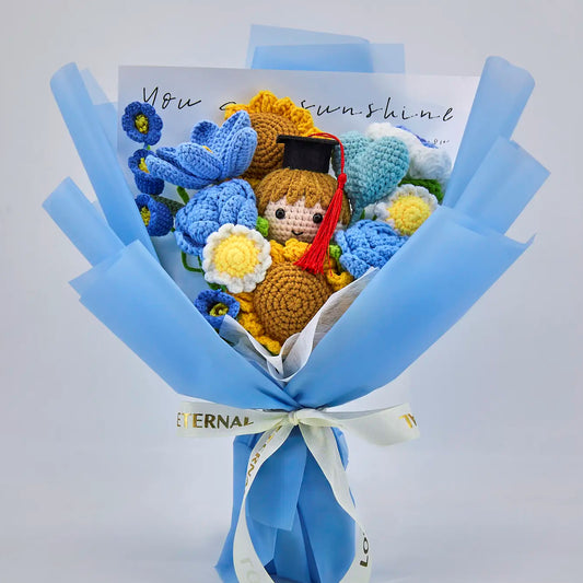 YSHomy Blue Crochet Flowers Bouquet with Sunflower Rose Tulip for Boy Graduation 1327