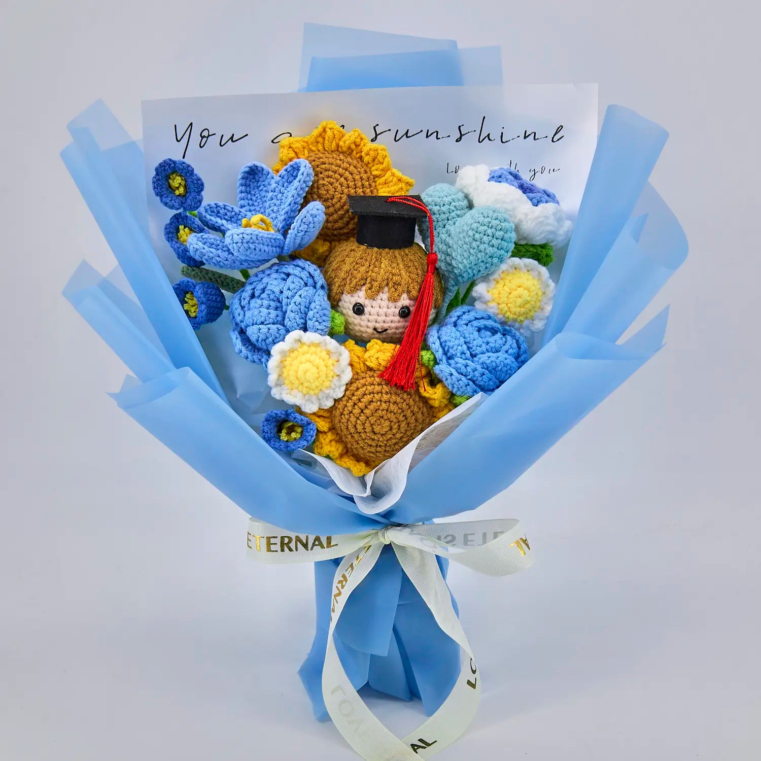 YSHomy Blue Crochet Flowers Bouquet with Sunflower Rose Tulip for Boy Graduation