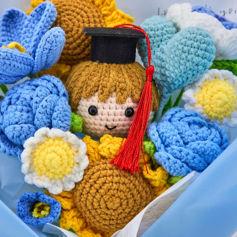 YSHomy Blue Crochet Flowers Bouquet with Sunflower Rose Tulip for Boy Graduation