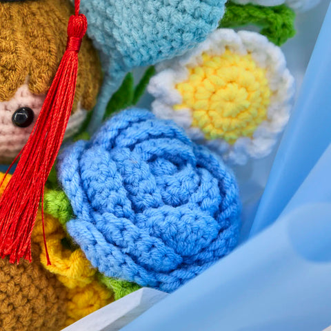 YSHomy Blue Crochet Flowers Bouquet with Sunflower Rose Tulip for Boy Graduation