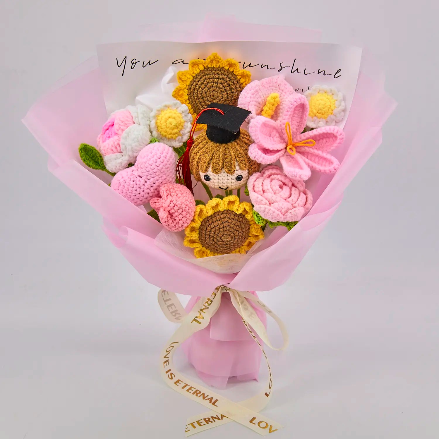YSHomy Pink Crochet Flowers Bouquet with Sunflower Rose Tulip for Girl Graduation