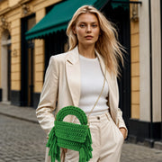 YSHomy Crochet Handbag with Tassels on Two Sides-Green