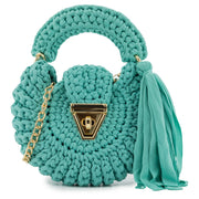 Round blue green crochet crossbody bag with bottom tassels