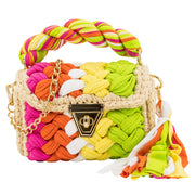 Green and orange crochet handbag with a twist handle