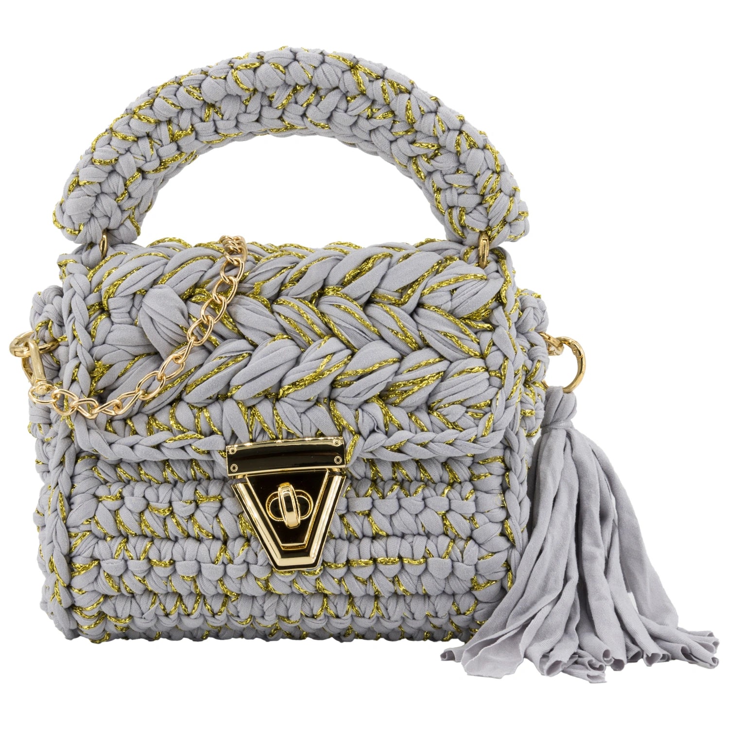 YSHomy Handmade Crochet Crossbody Handbag with Golden Thread