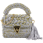 Grey crochet crossbody bag with golden thread and chain strap