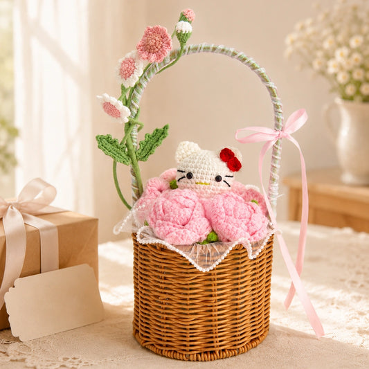 Woven basket of crochet roses with crocheted HK lettering