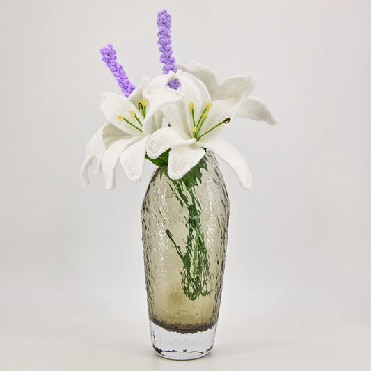 Set of four large white crochet lilies with lavender, no vase