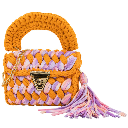 Orange and pink two-tone crochet crossbody bag with handle and tassel