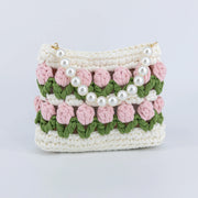 Crochet tulip handbag with pearl handle and pearl chain strap
