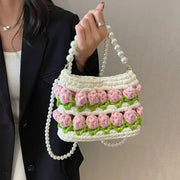 YSHomy Crochet Tulip Handbag with Pearl Handle & Chain