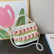 YSHomy Crochet Tulip Handbag with Pearl Handle & Chain