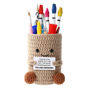 Crochet potato pen holder with an encouraging message