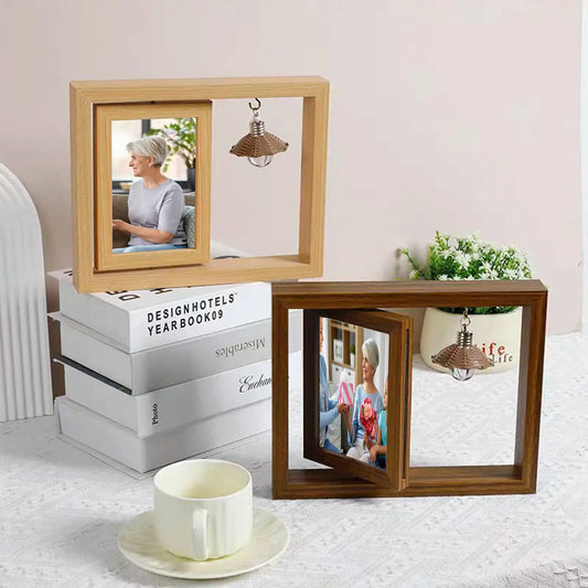 Custom engraved wooden photo frame with a lamp bulb