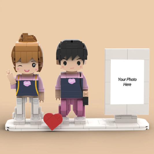 Custom brick figure from a photo, displayed in a photo frame