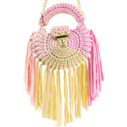 Round pink crochet handbag with bottom tassels