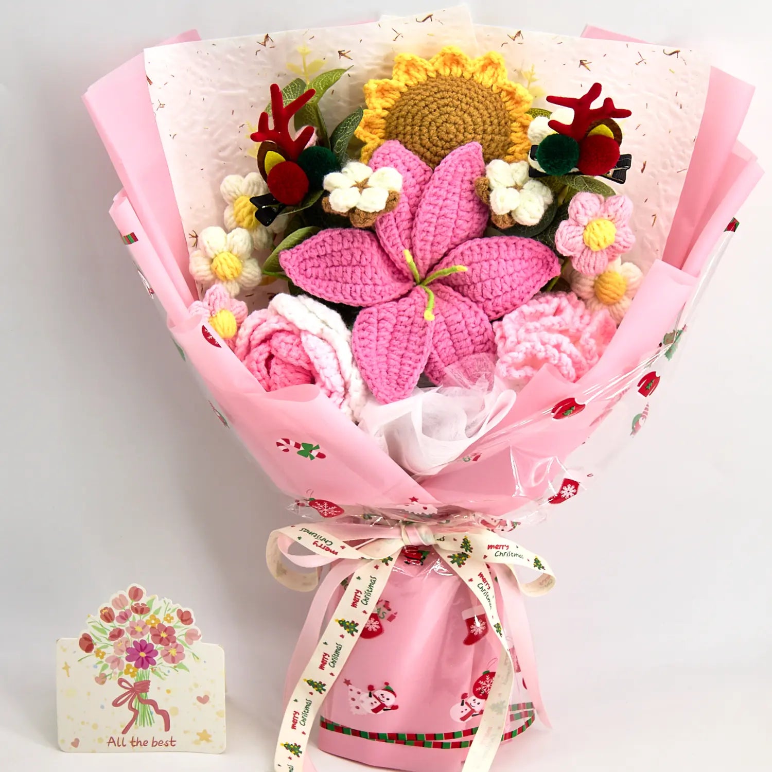 YSHomy Bouquet natalizio all’uncinetto con Babbo Natale e rosa grande