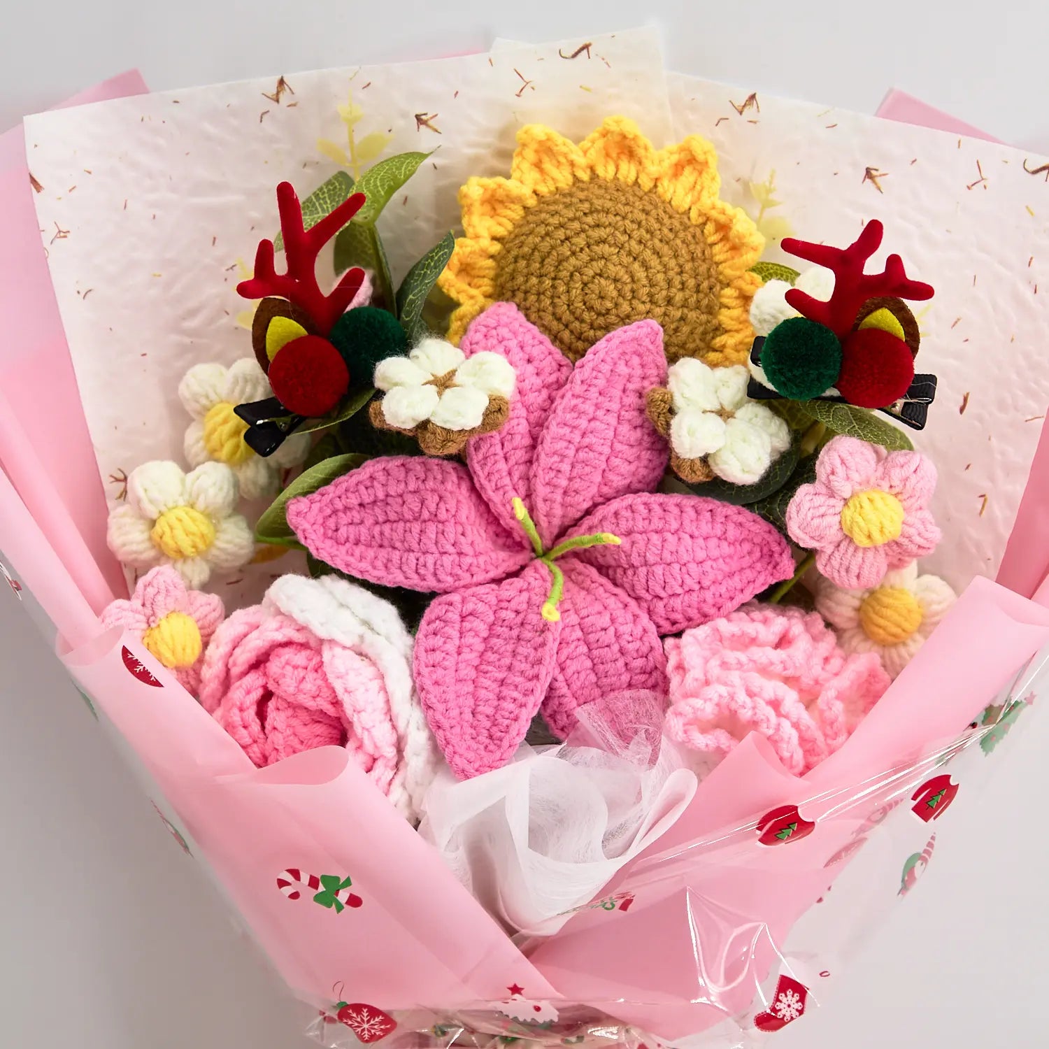 YSHomy Bouquet natalizio all’uncinetto con Babbo Natale e rosa grande