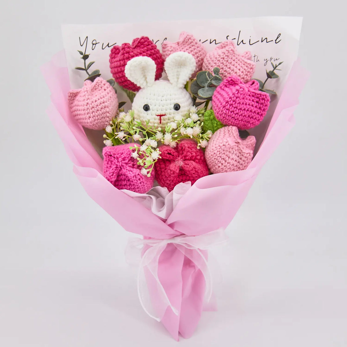 YSHomy Pink Crochet Rabbit Tulip Bouquet