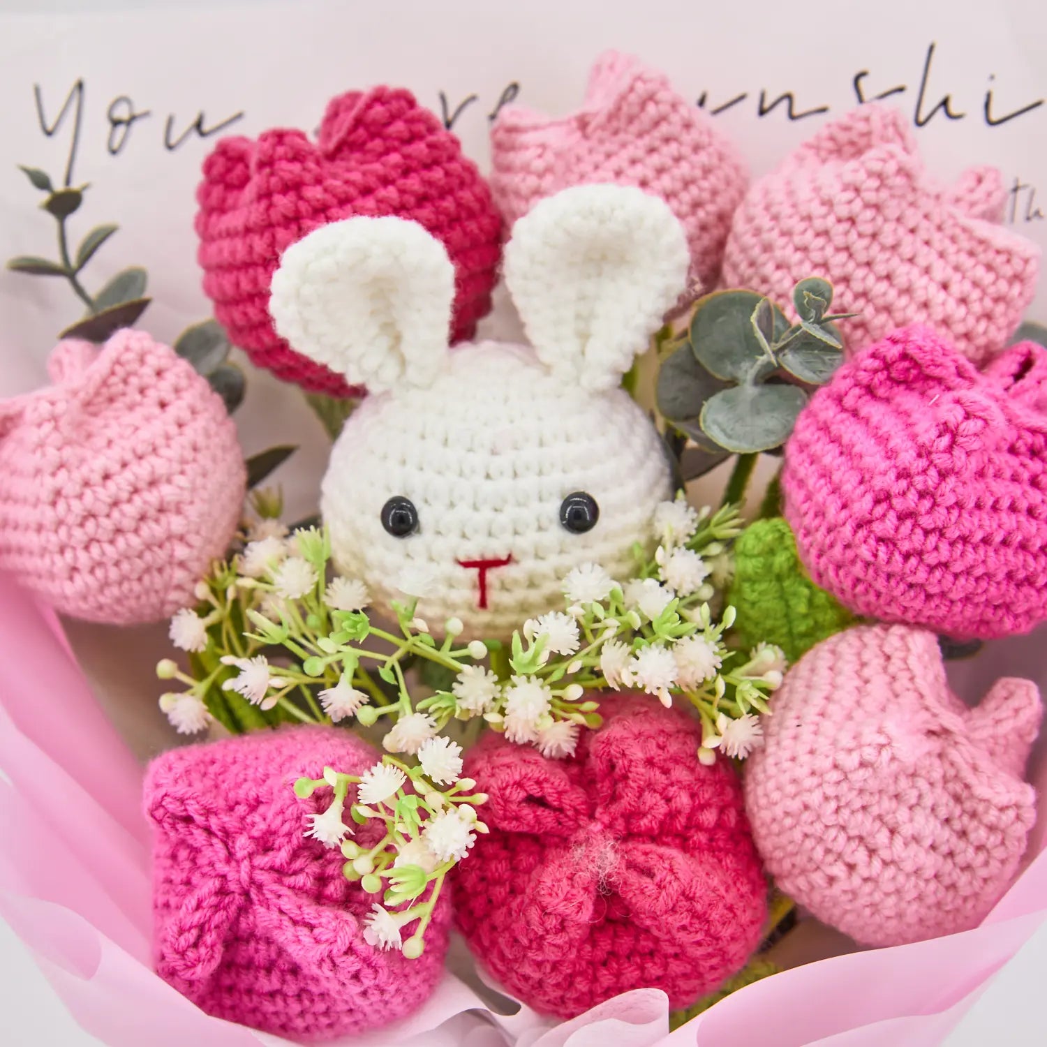 YSHomy Pink Crochet Rabbit Tulip Bouquet