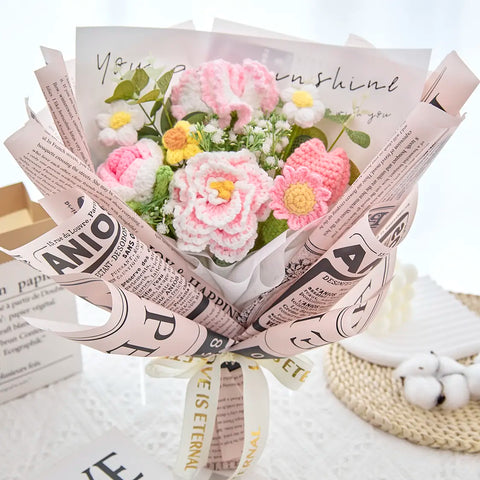 YSHomy Wrapped Crochet Flowers Bouquet with Peony & Rose & Tulip & Carnation Bouquet