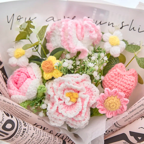 YSHomy Wrapped Crochet Flowers Bouquet with Peony & Rose & Tulip & Carnation Bouquet