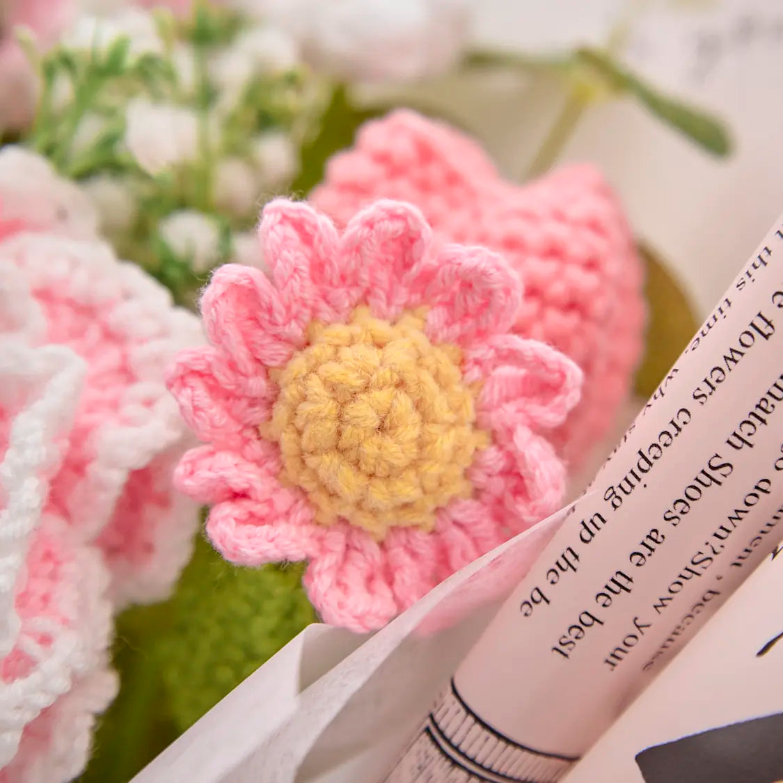 YSHomy Wrapped Crochet Flowers Bouquet with Peony & Rose & Tulip & Carnation Bouquet