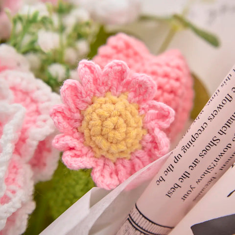 YSHomy Wrapped Crochet Flowers Bouquet with Peony & Rose & Tulip & Carnation Bouquet