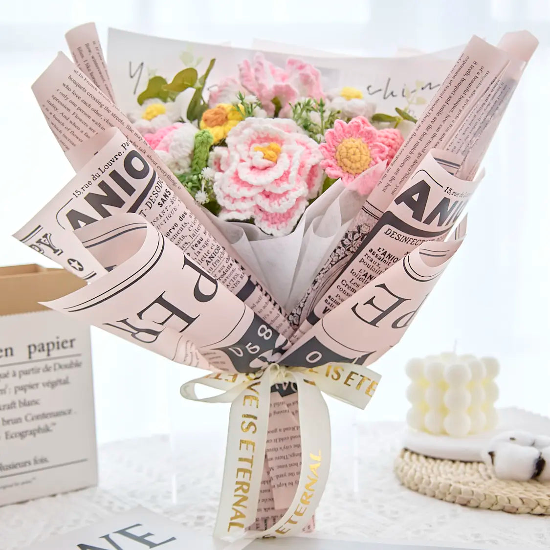 YSHomy Wrapped Crochet Flowers Bouquet with Peony & Rose & Tulip & Carnation Bouquet