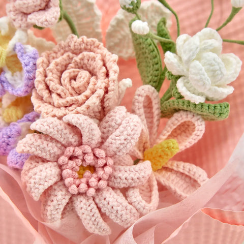 YSHomy Pink Crochet Gerbera Daisy Rose Jasmine Bouquet