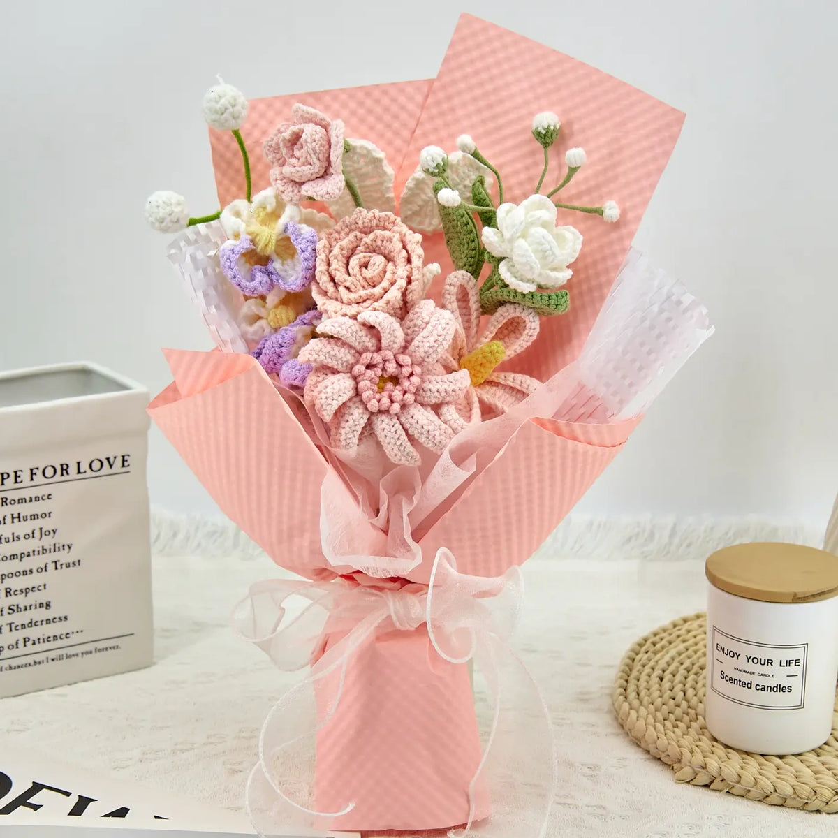 YSHomy Pink Crochet Gerbera Daisy Rose Jasmine Bouquet