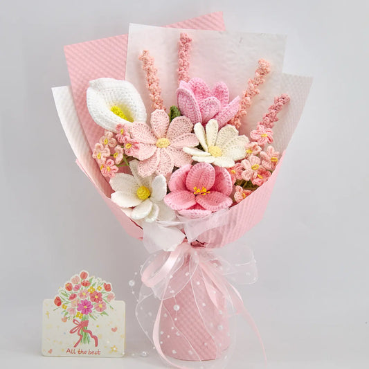 YSHomy Pink Crochet Flower Bouquet with Tulip Lavender