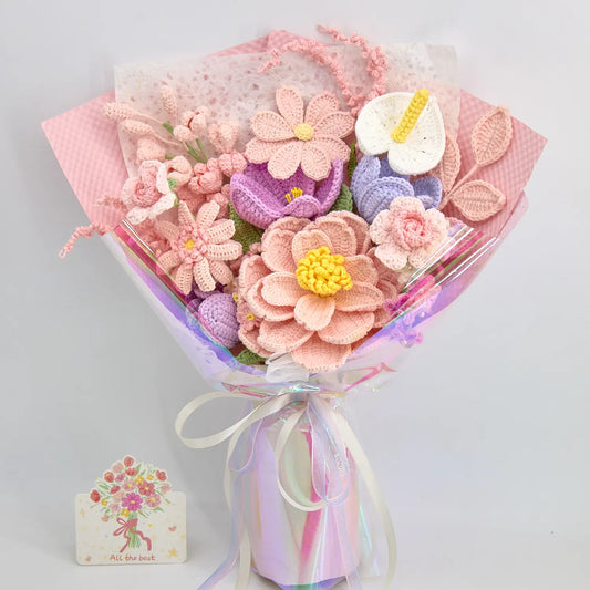 YSHomy Pink Crochet Flower Bouquet with Big Peony