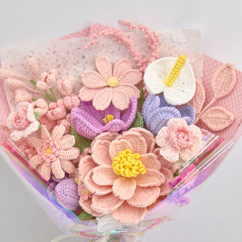 YSHomy Pink Crochet Flower Bouquet with Big Peony