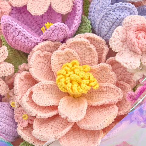 YSHomy Pink Crochet Flower Bouquet with Big Peony
