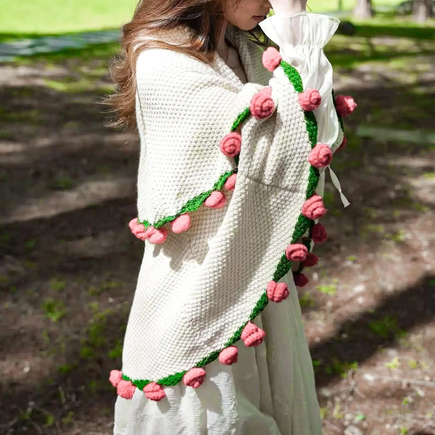 YSHomy Cashmere Crochet Flower Bouquet Blanket-Pink Roses