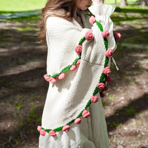 YSHomy Cashmere Crochet Flower Bouquet Blanket-Pink Roses