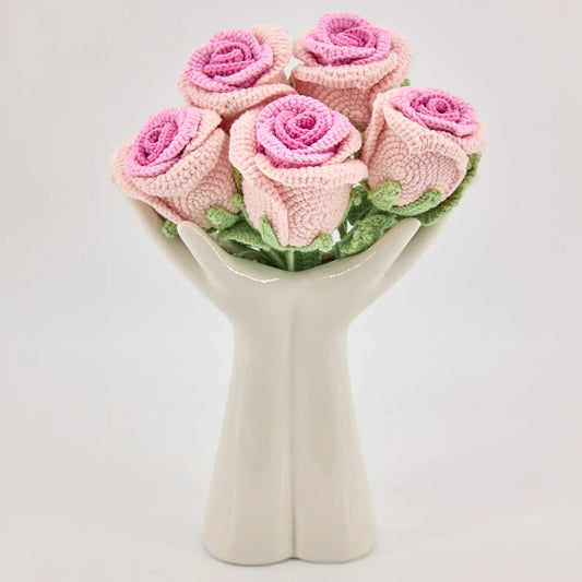 Set of five crochet pink roses supplied without a vase