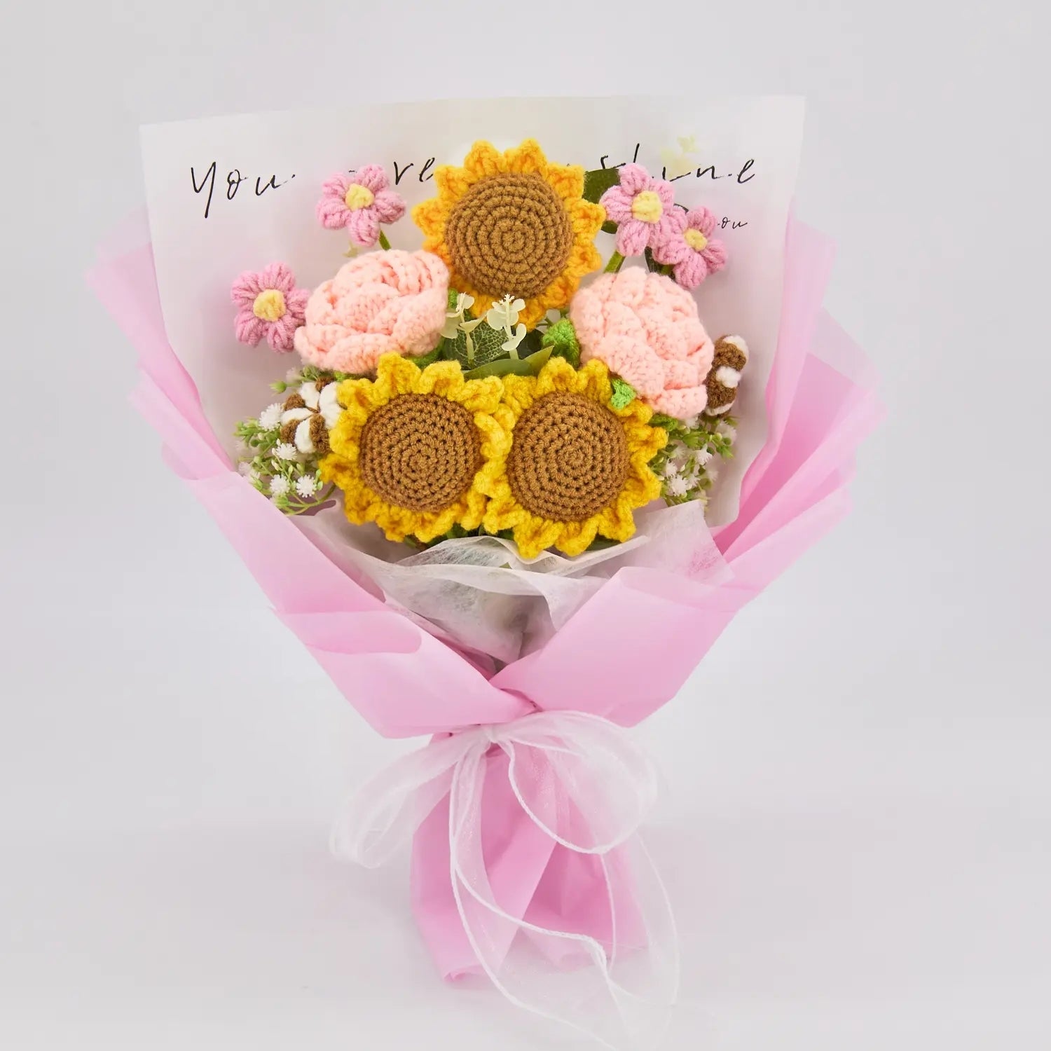 YSHomy Crochet Sunflower Rose Bouquet with Pink Wrapping