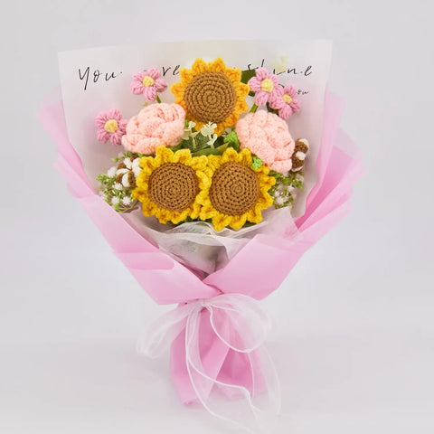 YSHomy Crochet Sunflower Rose Bouquet with Pink Wrapping