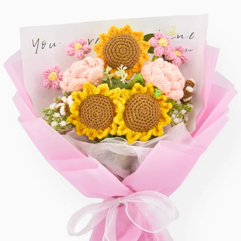 YSHomy Crochet Sunflower Rose Bouquet with Pink Wrapping