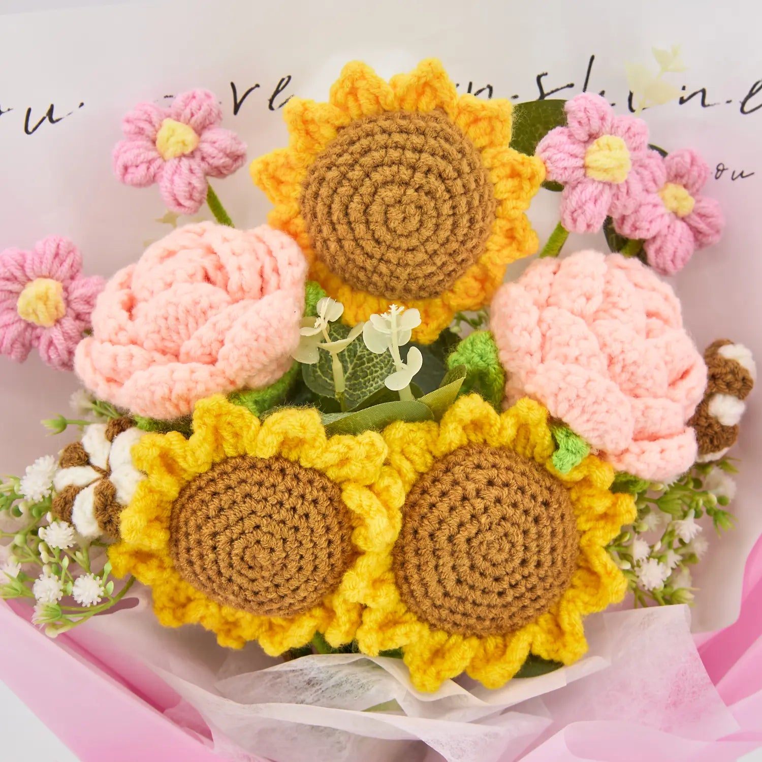 YSHomy Crochet Sunflower Rose Bouquet with Pink Wrapping