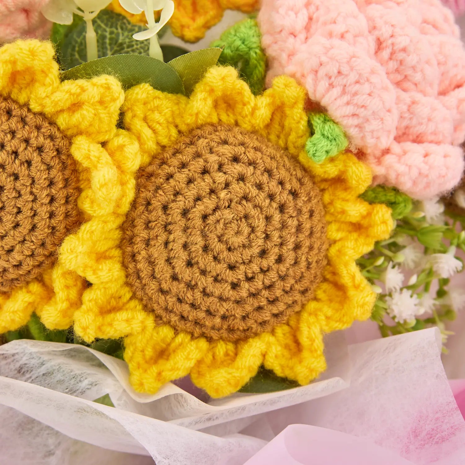 YSHomy Crochet Sunflower Rose Bouquet with Pink Wrapping
