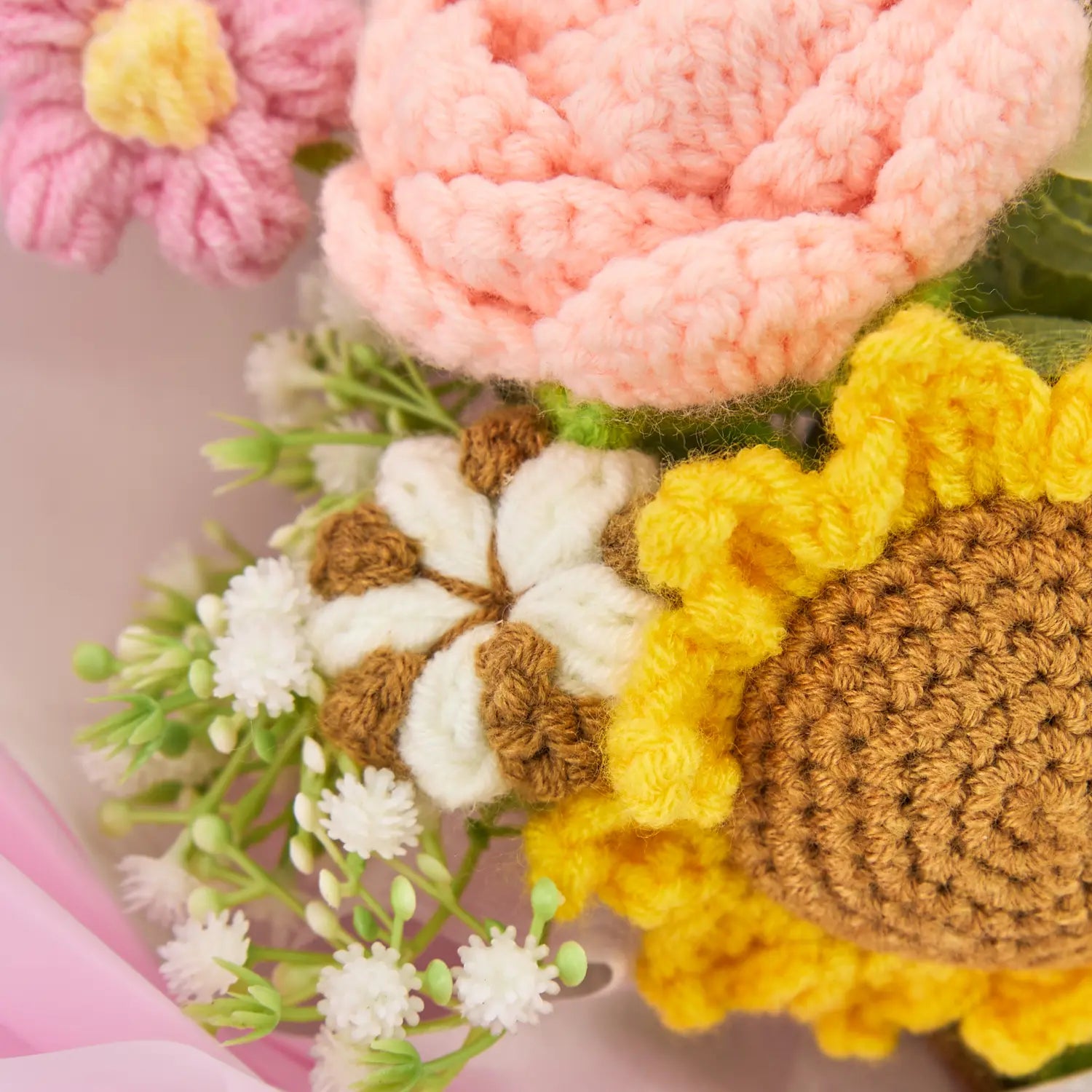 YSHomy Crochet Sunflower Rose Bouquet with Pink Wrapping