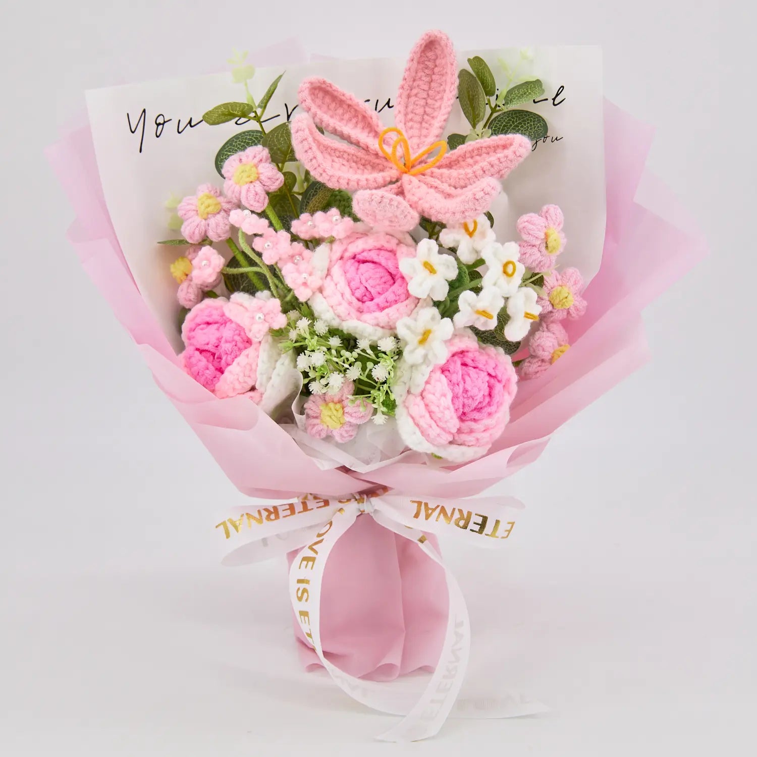 YSHomy Pink Crochet Tulip Rose Bouquet